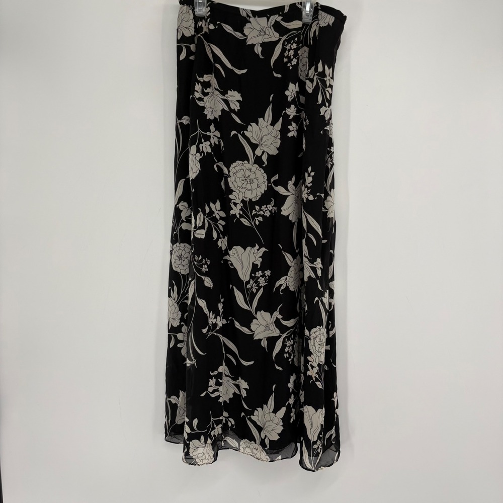 Madison Studio Skirt Womens 10 Black Floral 100% Silk Maxi Side Slit Zip Closure